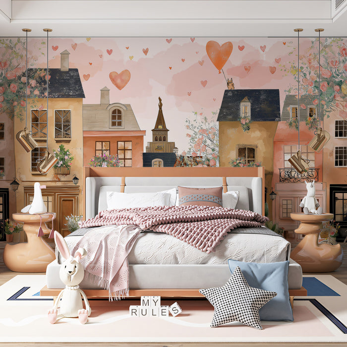 Romantic Village Street Mural Wallpaper | Heart Balloons, European Facades, Abundant Floral Decor