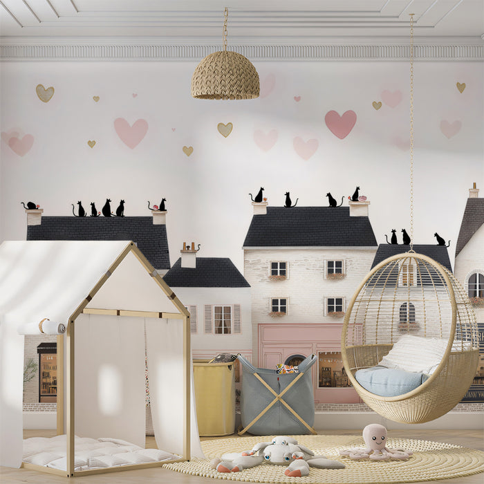 French Boutique Row Mural Wallpaper | Cats on Roof, Black and White, Romantic Heart Accents