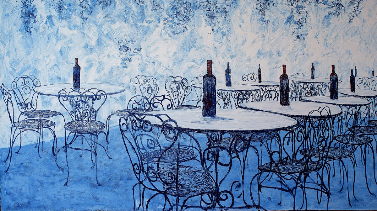 Blue and White Cafe Scene Mural Wallpaper | Impressionist Style, Vintage Wrought Iron, Monochromatic Art