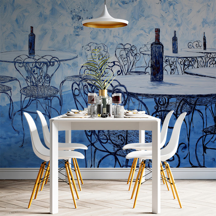 Blue and White Cafe Scene Mural Wallpaper | Impressionist Style, Vintage Wrought Iron, Monochromatic Art