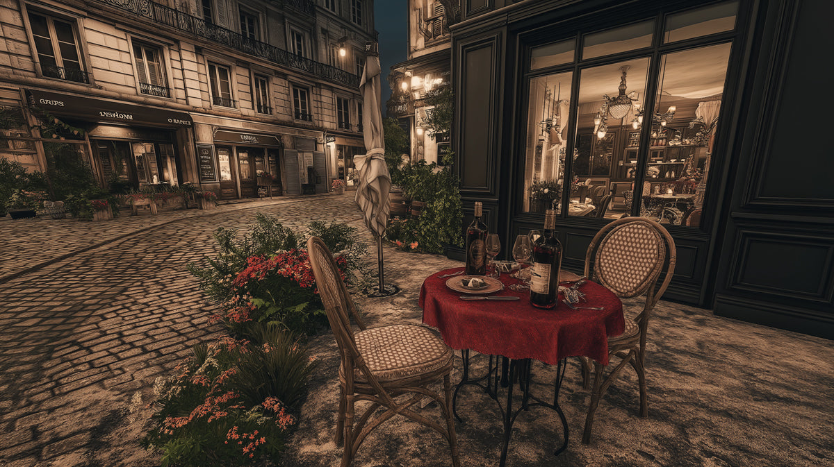Parisian Cobblestone Bistro Mural Wallpaper | Night Scene, Vintage Charm, Warm Lighting Focus