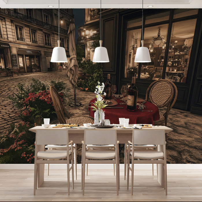 Parisian Cobblestone Bistro Mural Wallpaper | Night Scene, Vintage Charm, Warm Lighting Focus