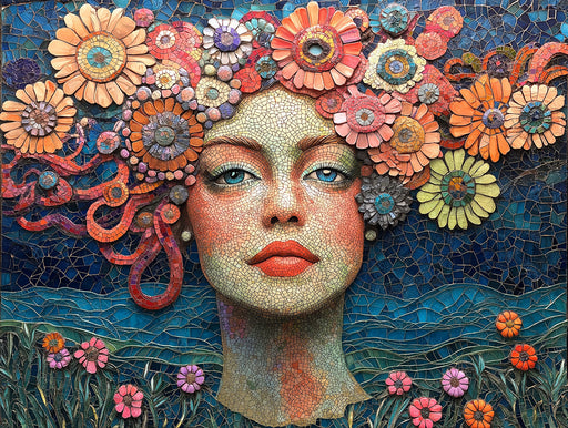 Mosaic Flower Woman Mural Wallpaper in Living Room | Various Colors (Blue, Orange, Red, etc.) of Flower Woman