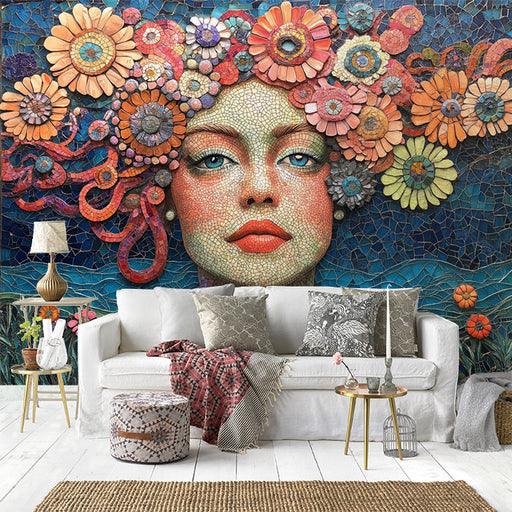 Mosaic Flower Woman Mural Wallpaper in Living Room | Various Colors (Blue, Orange, Red, etc.) of Flower Woman
