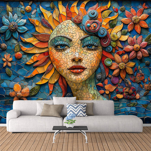 Mosaic Flower Woman Mural Wallpaper in Living Room | Various Colors (Blue, Orange, Red, etc.) of Flower Woman