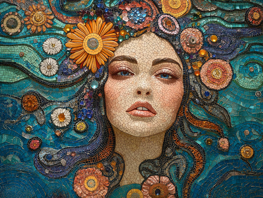 Mosaic Flower Woman Mural Wallpaper in Living Room | Various Colors (Blue, Orange, Red, etc.) of Flower Woman