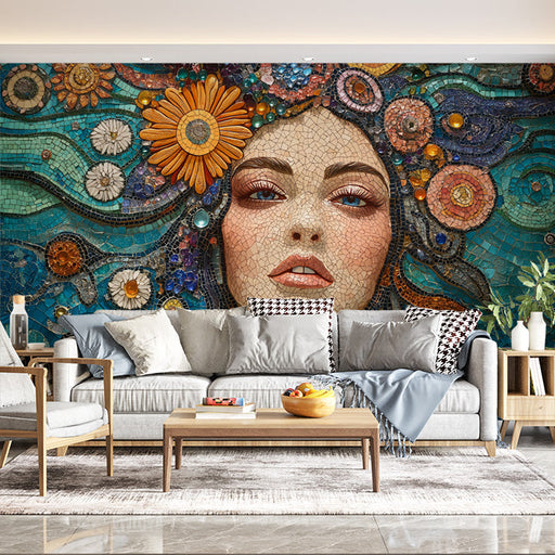 Mosaic Flower Woman Mural Wallpaper in Living Room | Various Colors (Blue, Orange, Red, etc.) of Flower Woman