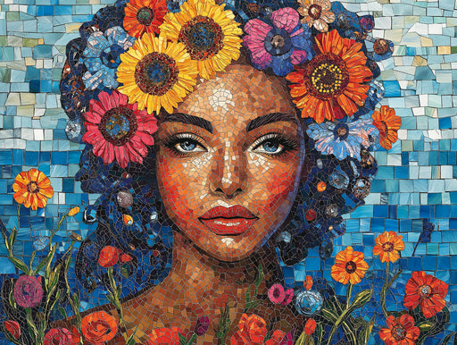 Mosaic Flower Woman Mural Wallpaper in Living Room | Various Colors (Blue, Orange, Red, etc.) of Flower Woman