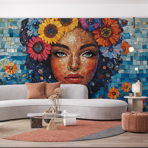Mosaic Flower Woman Mural Wallpaper in Living Room | Various Colors (Blue, Orange, Red, etc.) of Flower Woman