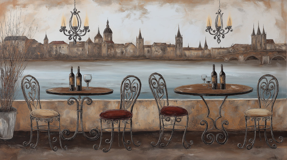 European Riverside Terrace Mural Wallpaper | Vintage Illustration, Earth Tones, Romantic Dining Spot