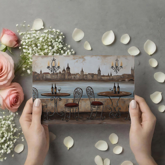 European Riverside Terrace Mural Wallpaper | Vintage Illustration, Earth Tones, Romantic Dining Spot