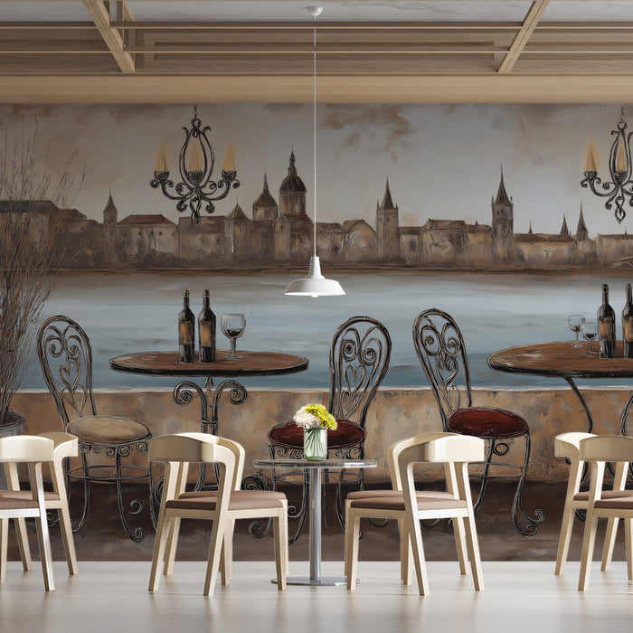 European Riverside Terrace Mural Wallpaper | Vintage Illustration, Earth Tones, Romantic Dining Spot