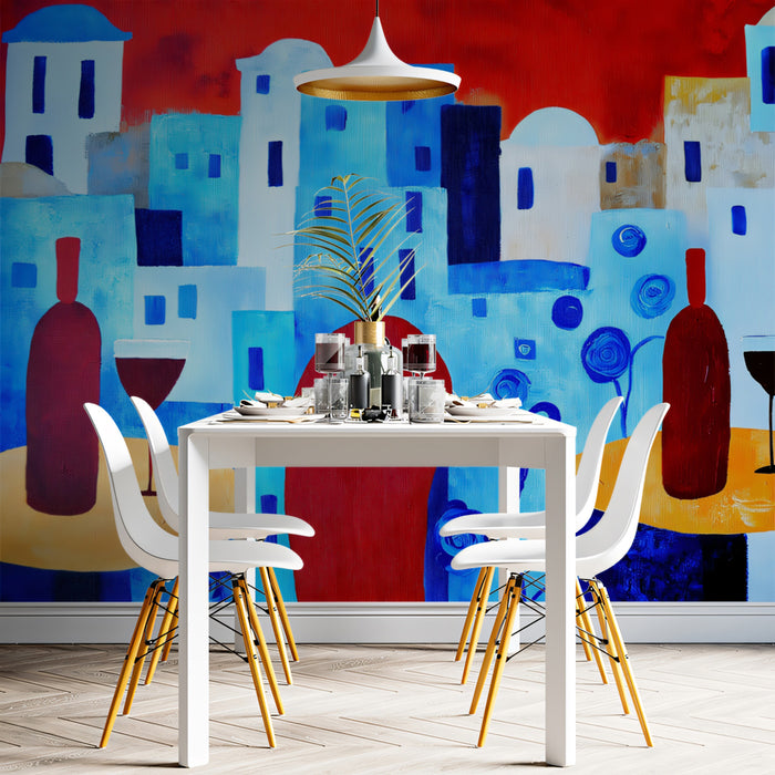 Abstract Santorini Sunset Mural Wallpaper | Bold Red and Blue Contrast, Modern Expressionism, Wine Bar Scene