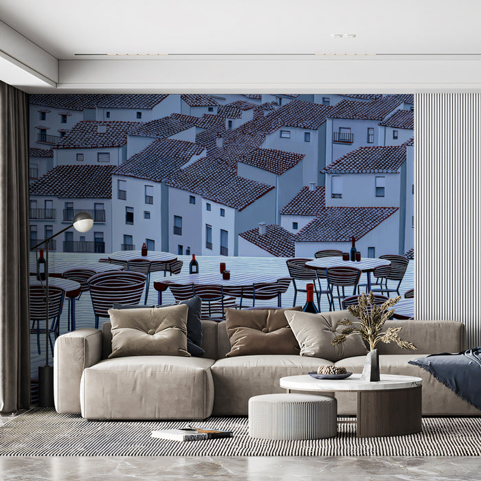 Snowy Rooftops Bar Scene Mural Wallpaper | Cool Blue Tone, Graphic Architecture, Minimalist Terrace