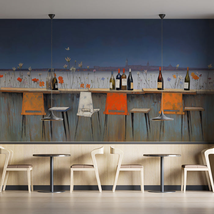 Waterfront Wildflower Bar Mural Wallpaper | Coastal Scenery, Orange and White Pop, Panoramic View