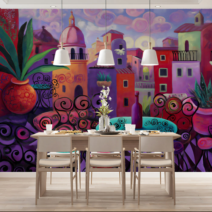 Maximalist Terrace View Mural Wallpaper | Bold Abstract Color, Spanish Architecture, Vibrant Oil Paint
