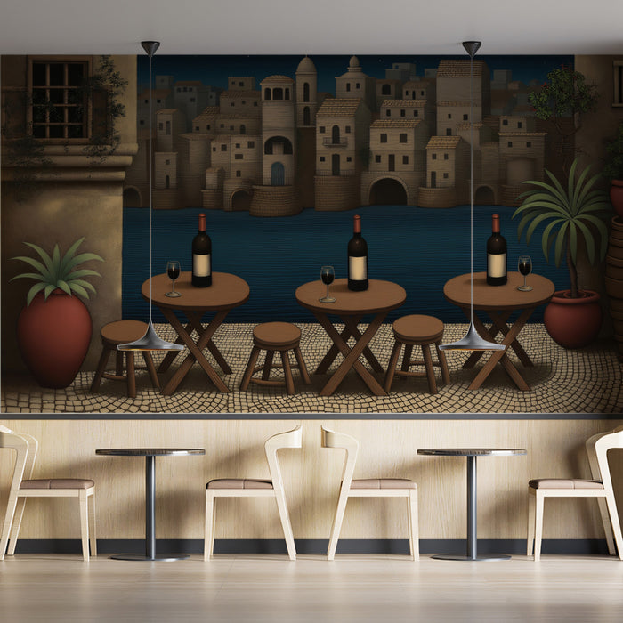 Nighttime Stone Village Mural Wallpaper | Mediterranean Fortified Town, Dark Water, Stylized Illustration
