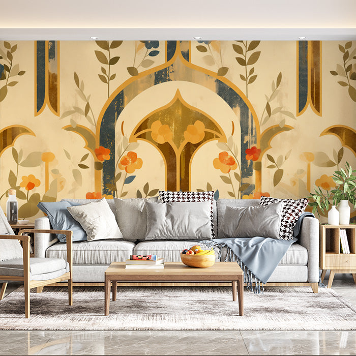Botanical Arch Wallpaper in Living Room | Various Colors (Green, Brown, Beige, etc.) of Botanical Arch