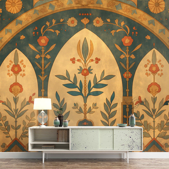 Botanical Arch Wallpaper in Living Room | Various Colors (Green, Brown, Beige, etc.) of Botanical Arch