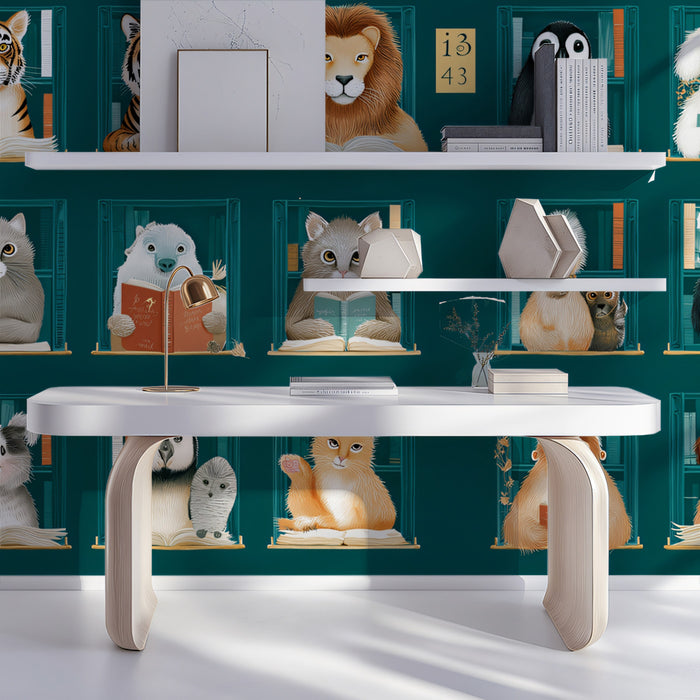 Reading Animals Library Mural Wallpaper | Cute Illustration, Bookshelf Theme, Educational Kids' Design