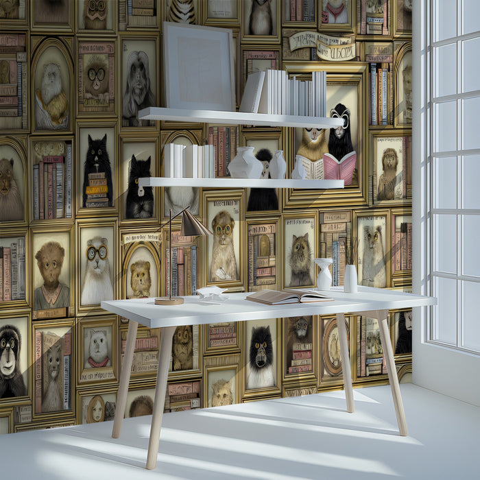 Framed Portrait Gallery Mural Wallpaper | Academic Animals, Vintage Gold Frames, Dark Academia Aesthetic