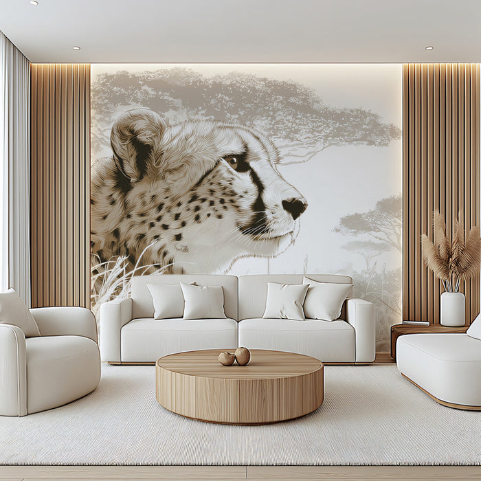 Serene Cheetah Profile Mural Wallpaper | Soft Sepia Tone, African Savanna, Minimalist Wild Life Art