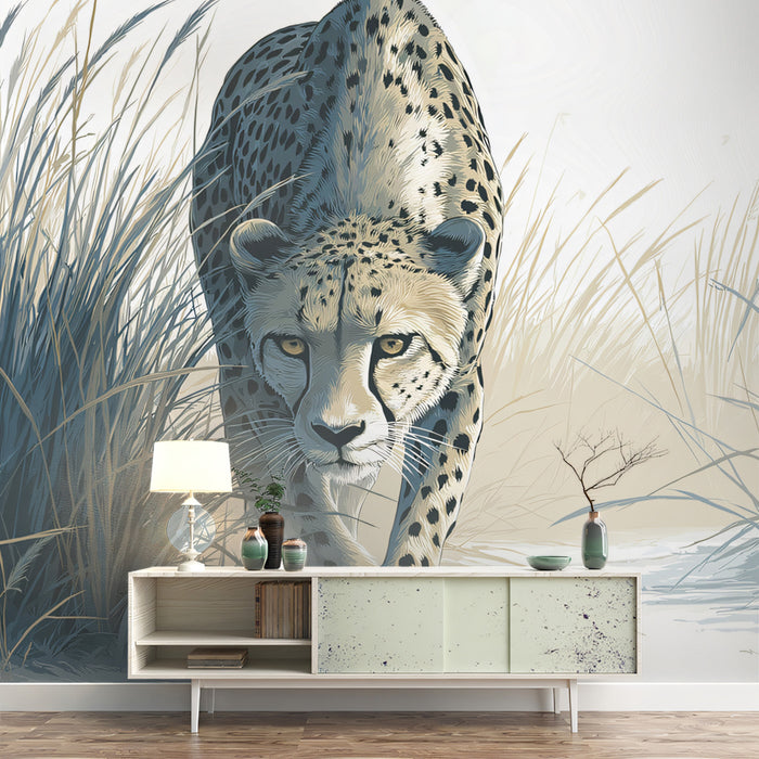 Stalking Cheetah Close-up Mural Wallpaper | Dramatic Focus, Grassy Path, Cool Neutral Palette