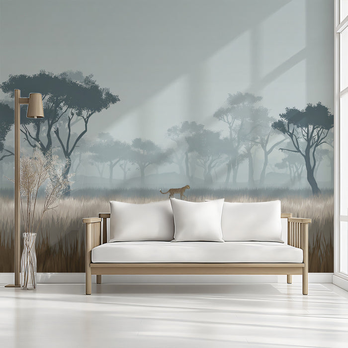 Misty Savanna Cheetah Mural Wallpaper | Atmospheric Fog, Layered Tones, Serene African Landscape