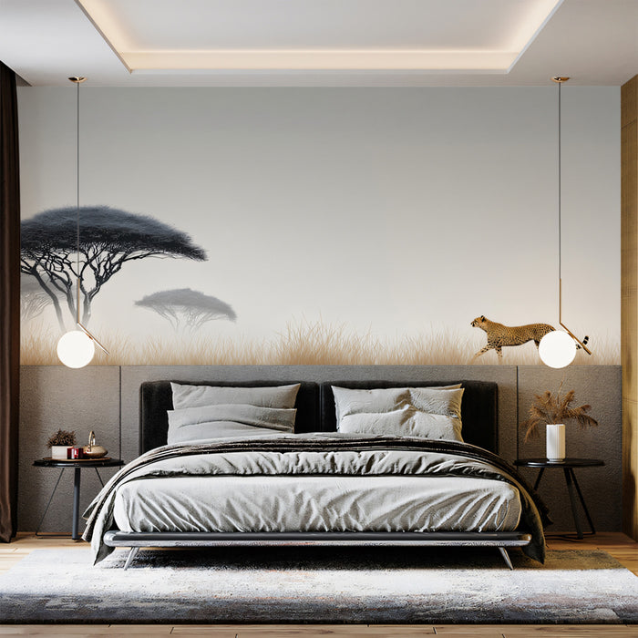 Minimalist Cheetah Chase Mural Wallpaper | Vast Negative Space, Monochrome Gradient, High-Speed Motion