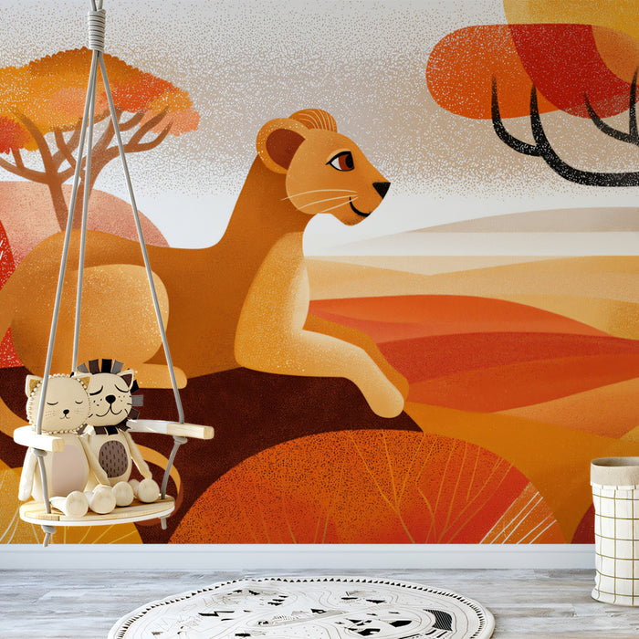 Stylized Lioness Safari Mural Wallpaper | Bold Orange Hues, Flat Graphic Art, Warm Geometric Landscape