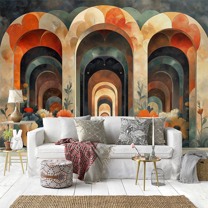 Floral Stained Glass Wallpaper in Living Room | Various Colors (Red, Orange, Green, etc.) of Flowers