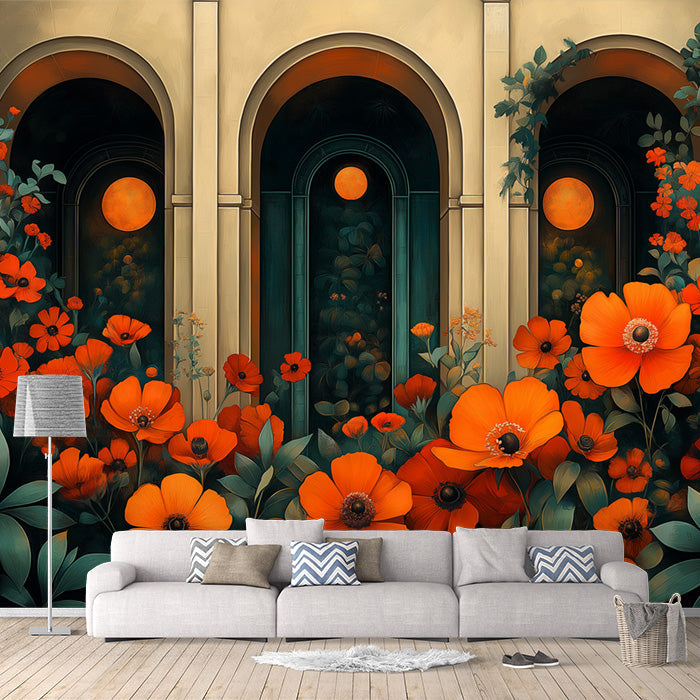 Floral Stained Glass Wallpaper in Living Room | Various Colors (Red, Orange, Green, etc.) of Flowers