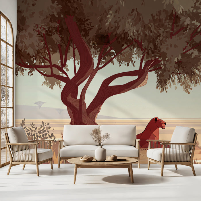 Minimalist Lioness Safari Mural Wallpaper | Earthy Tones, Flat Illustration, Acacia Tree Focus