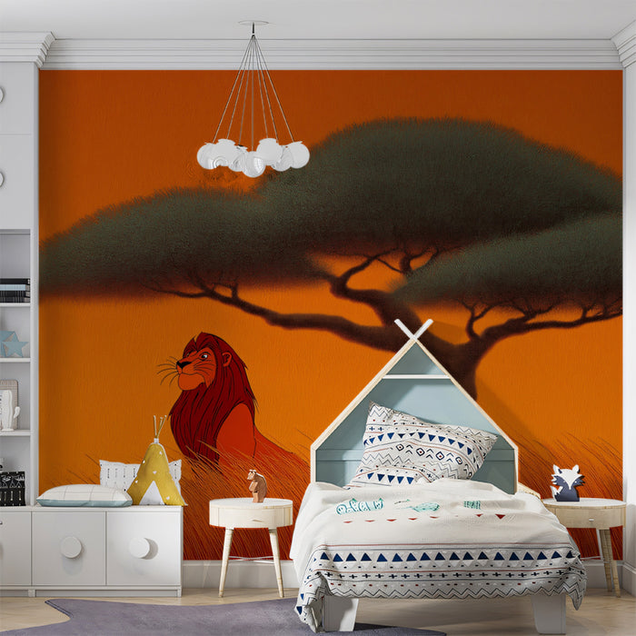 Lion King Savanna Sunset Mural Wallpaper | Classic Animation Style, Fiery Orange Tones, Iconic Silhouette