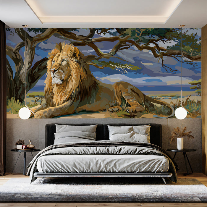 Majestic Lion Under Tree Mural Wallpaper | Vector Illustration, Safari Wildlife, Cool Tones Contrast