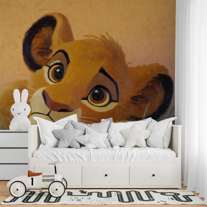 Cute Lion Cub Oil Painting Mural Wallpaper | Warm Golden Sunset, Soft Impressionist Texture, Nursery Art
