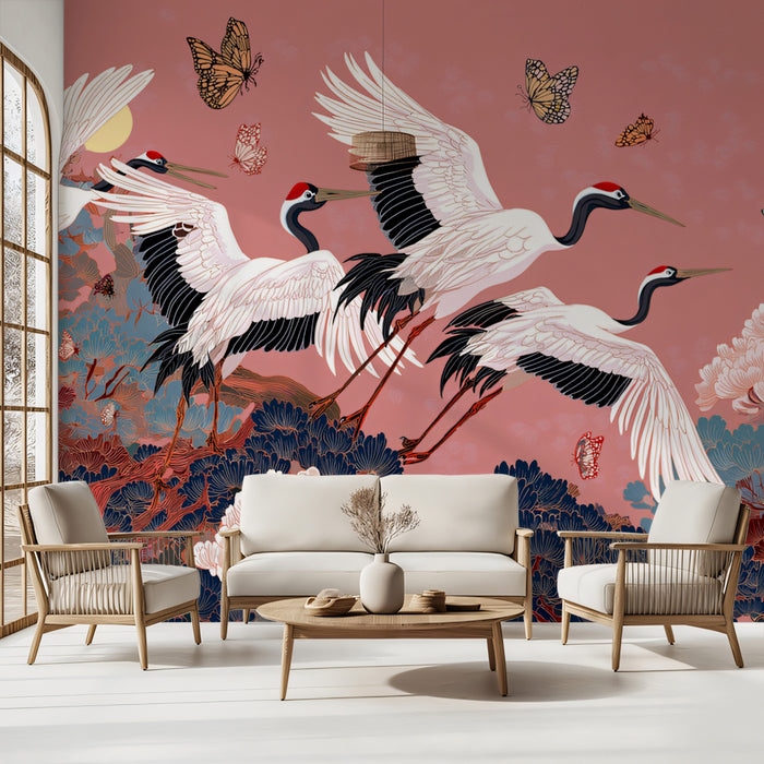 Majestic Cranes and Pine Trees Mural Wallpaper | Rich Chinoiserie, Deep Indigo Blue, Dramatic Scale