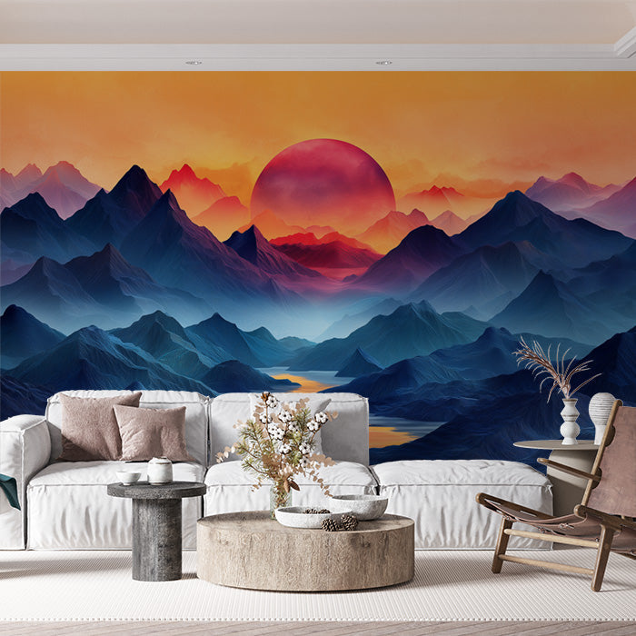 Mountain Sunset Mural Wallpaper in Bedroom | Various Colors (Orange, Red, Blue, etc.) of Sunset