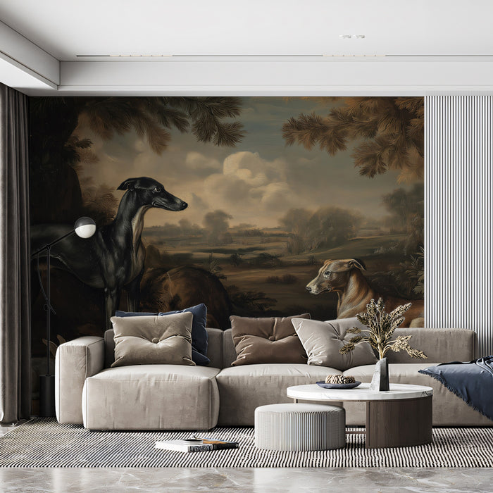Classical Greyhound Hunting Scene Mural Wallpaper | Old Master Style Oil Painting, Vintage Farmstead, Animal Portraiture