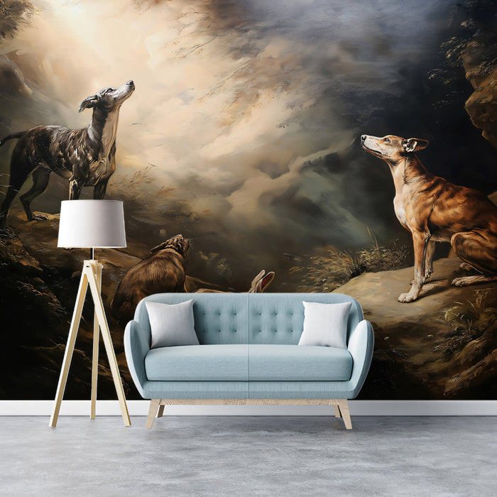 Classical Greyhound Hunting Scene Mural Wallpaper | Dark Baroque, Stormy Sky, Dramatic Oil Painting