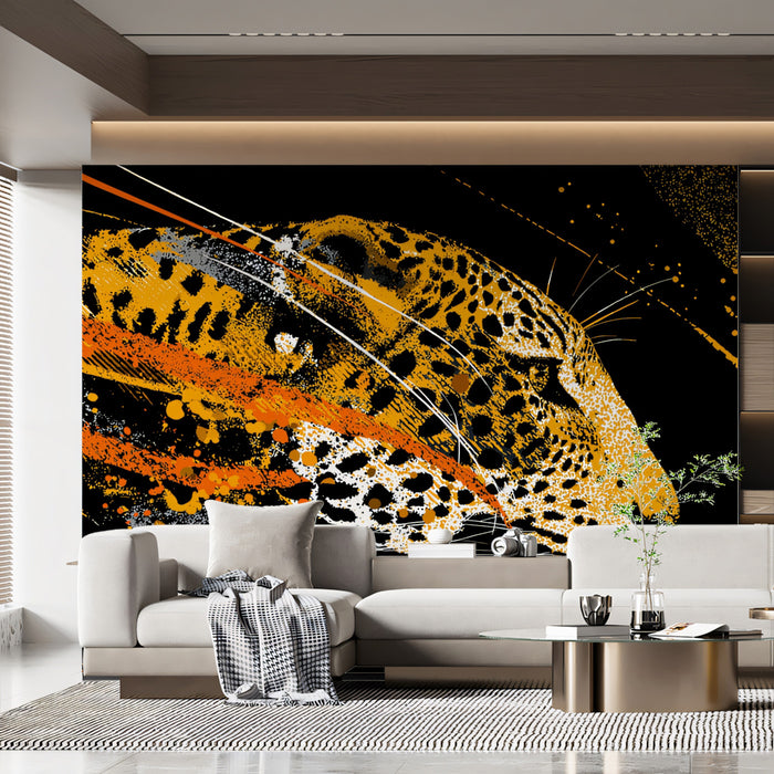 Abstract Jaguar Motion Mural Wallpaper | Black Background, Vibrant Orange Splatter, High-Contrast Expression