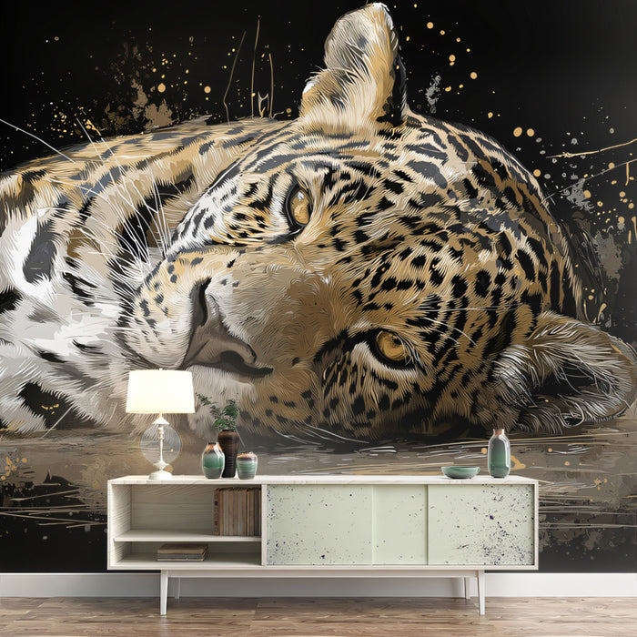 Resting Jaguar Dark Art Mural Wallpaper | Gold Splatter Accents, Intense Yellow Eyes, Luxurious Wildlife