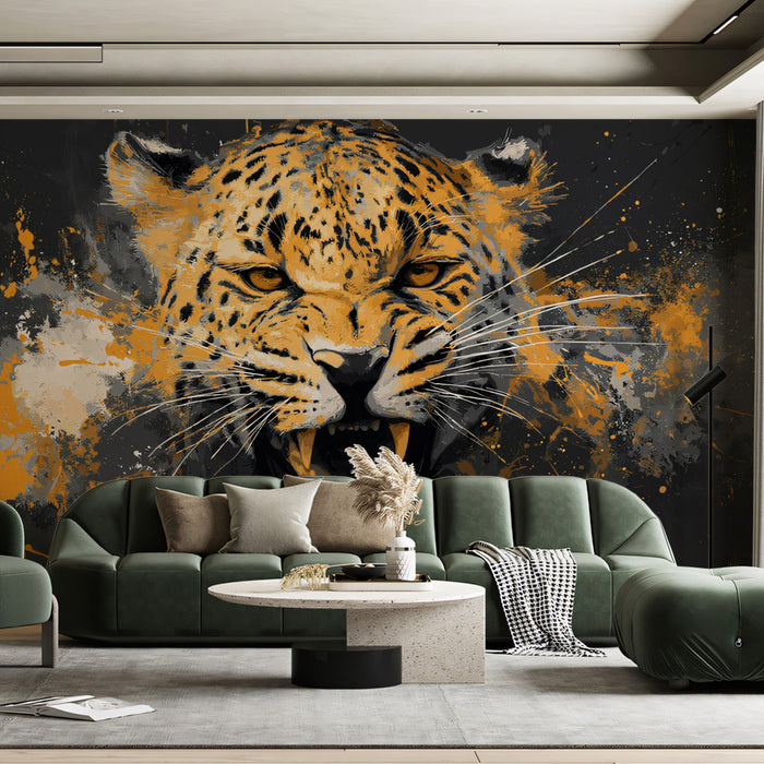 Roaring Jaguar Abstract Mural Wallpaper | Orange and Gray Grunge, Explosive Emotion, Powerful Statement