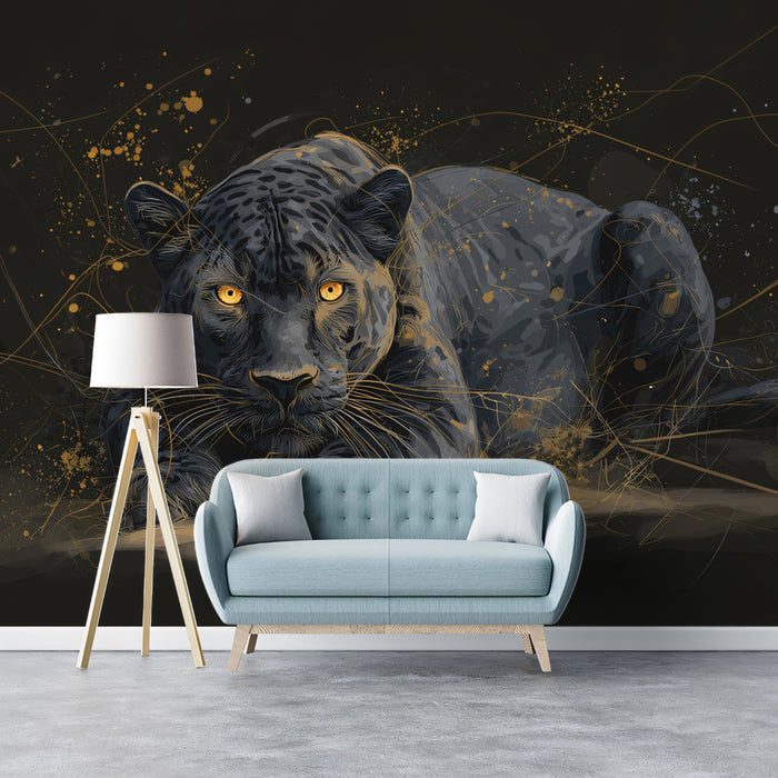 Black Panther Gold Outline Mural Wallpaper | Luminous Eyes, Dark Background, Stylized Sketch Art