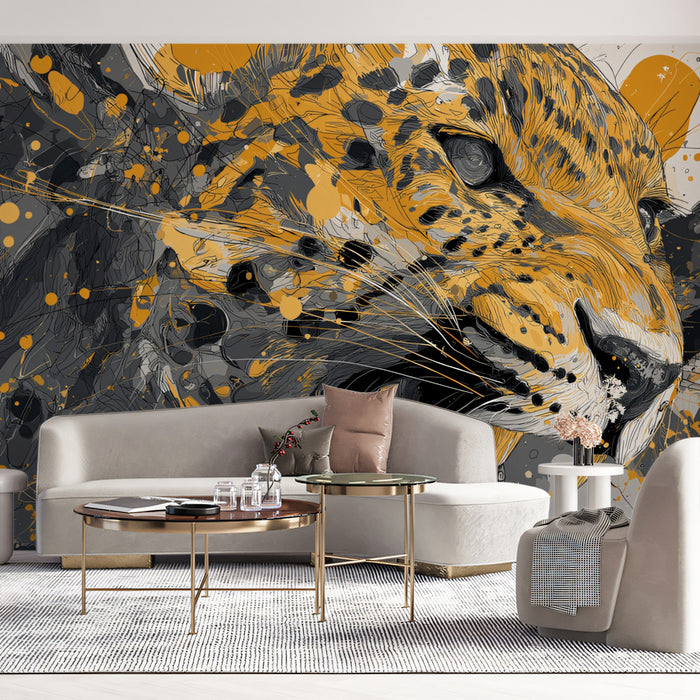 Explosive Jaguar Portrait Mural Wallpaper | Gold and Gray Splatter, Dynamic Lines, Abstract Wildlife