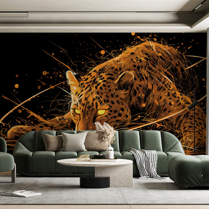 Hunter Jaguar Neon Glow Mural Wallpaper | Stalking Predator, Electric Orange, Cyberpunk Energy