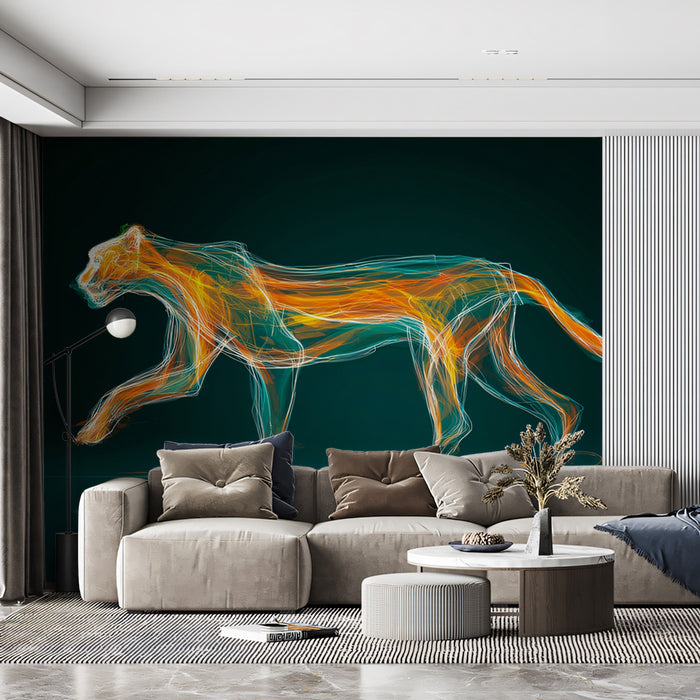 Abstract Fire Cat Spirit Mural Wallpaper | Luminous Line Art, Teal and Orange Energy, Digital Aura