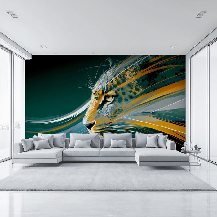 Speed Jaguar Head Profile Mural Wallpaper | Graphic Motion Blurs, Deep Teal Palette, Futuristic Vector