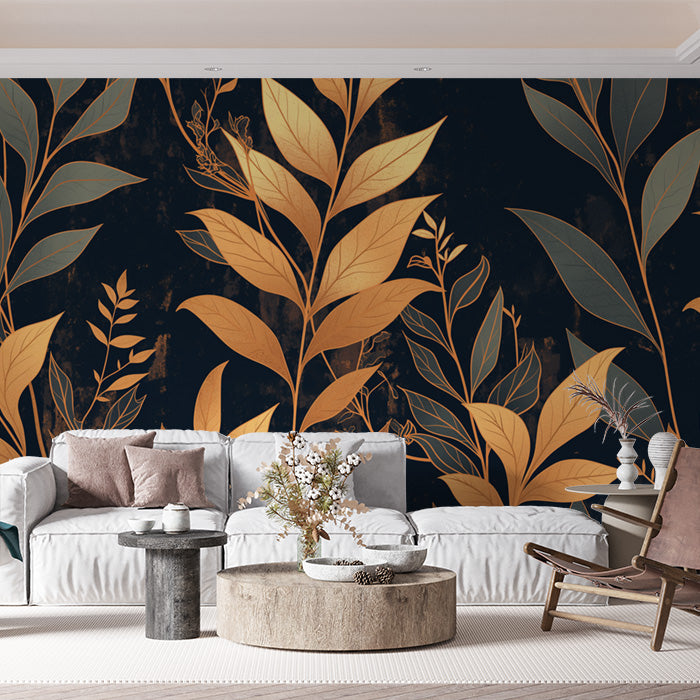 Dark Leafy Wallpaper in Living Room | Various Colors (Gold, Green, Black, etc) of Leaves