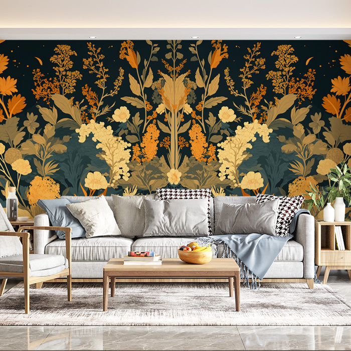 Dark Leafy Wallpaper in Living Room | Various Colors (Gold, Green, Black, etc) of Leaves